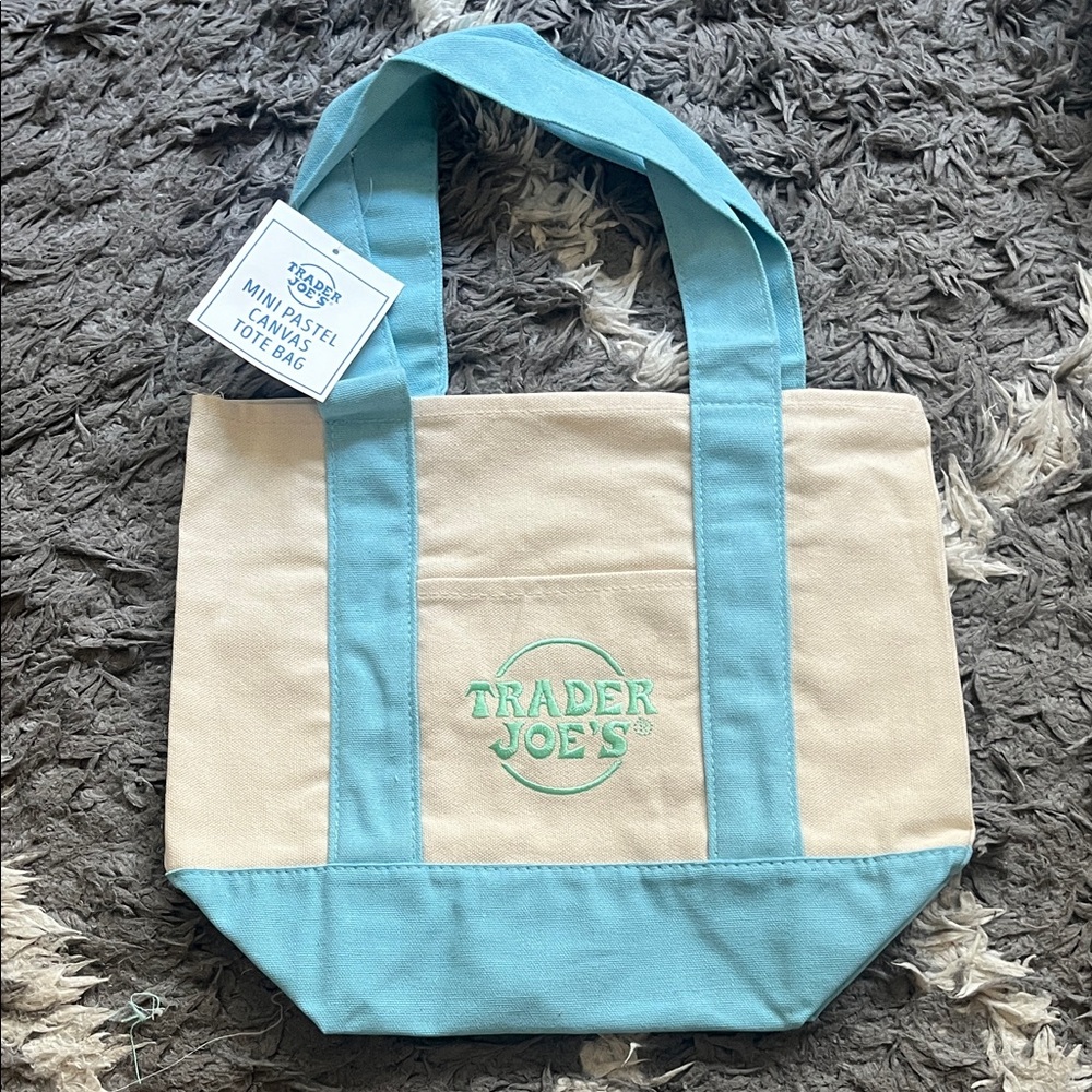 Trader Joe’s mini pastel canvas tote bag. Blue. New with tags.
